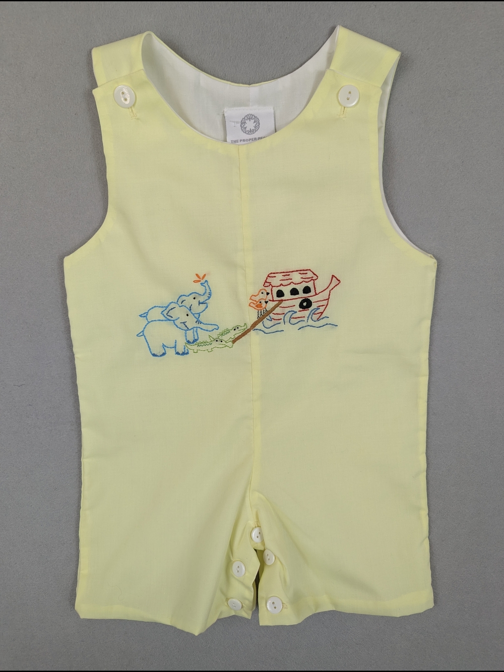 NWT The Proper Peony Jon Jon Shortall Romper Embroidered Yellow Boys 12 Months